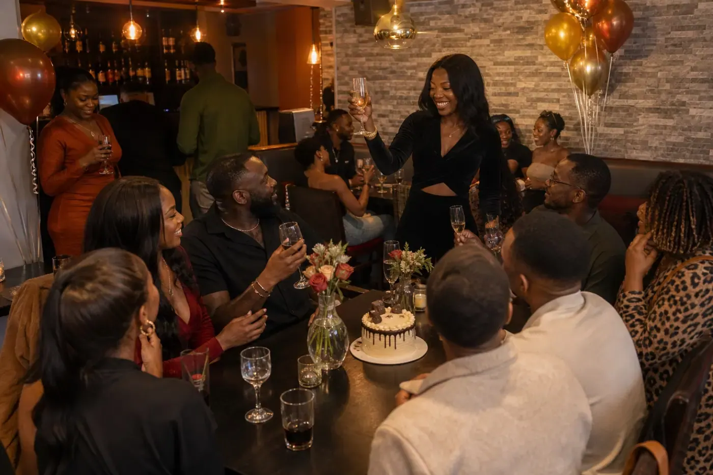 Friends raising a toast at a private birthday celebration at 042