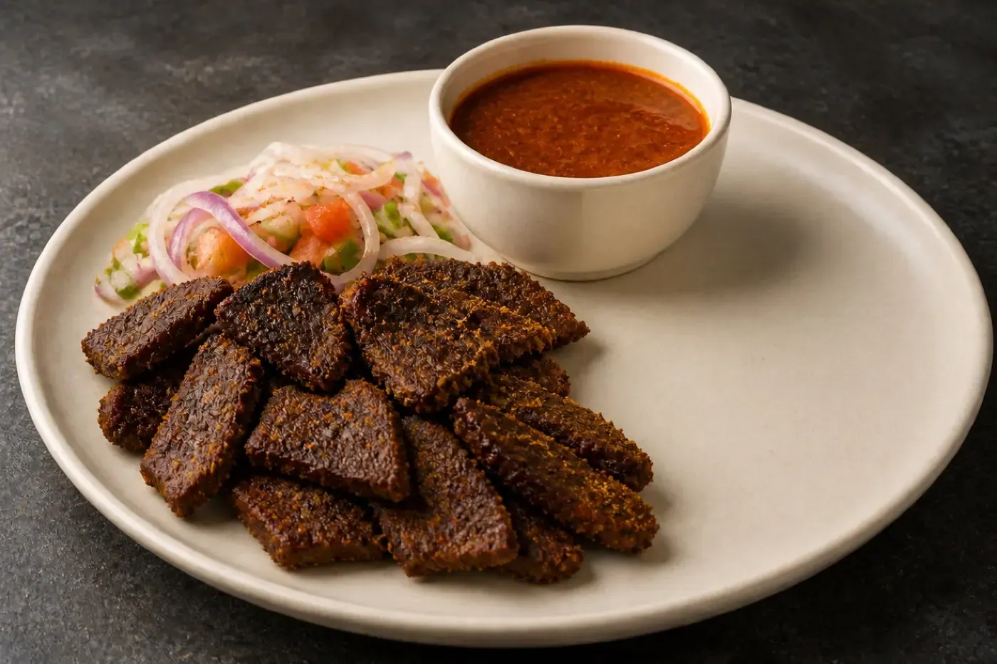 Beef suya with yaji spice, onions, tomato and pepper sauce