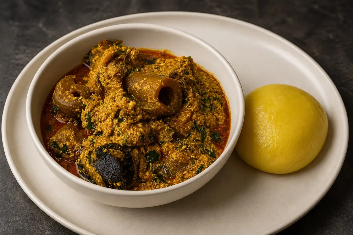 Egusi soup with assorted meat and swallow
