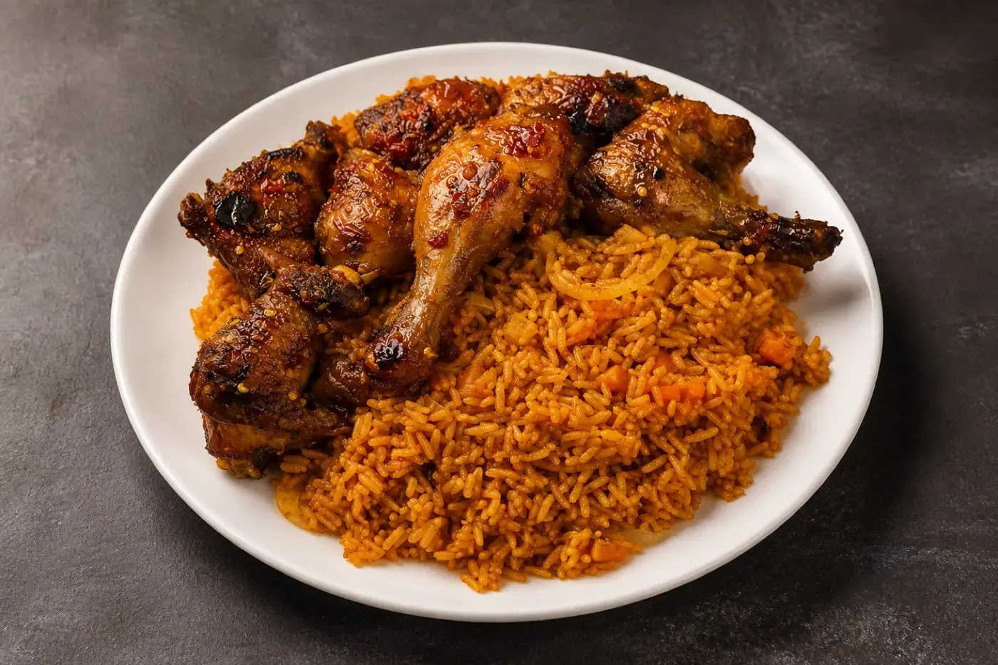 Jollof rice served with glazed grilled chicken
